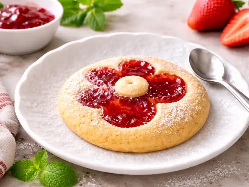 Soft buttery thumbprint cookies filled with jam on a tray