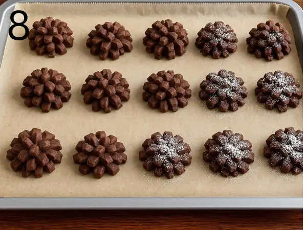 Finished chocolate Christmas cookies with icing sugar on top