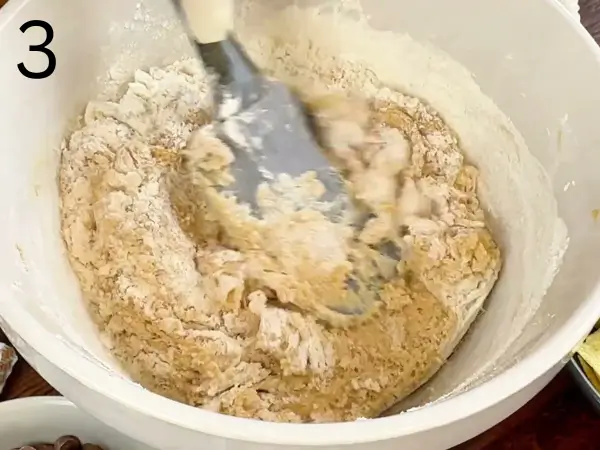 Combining dry ingredients for Crunchy Chocolate Cookies