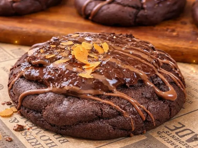 Close-up of soft chocolate cookies filled with crispy chocolate topping