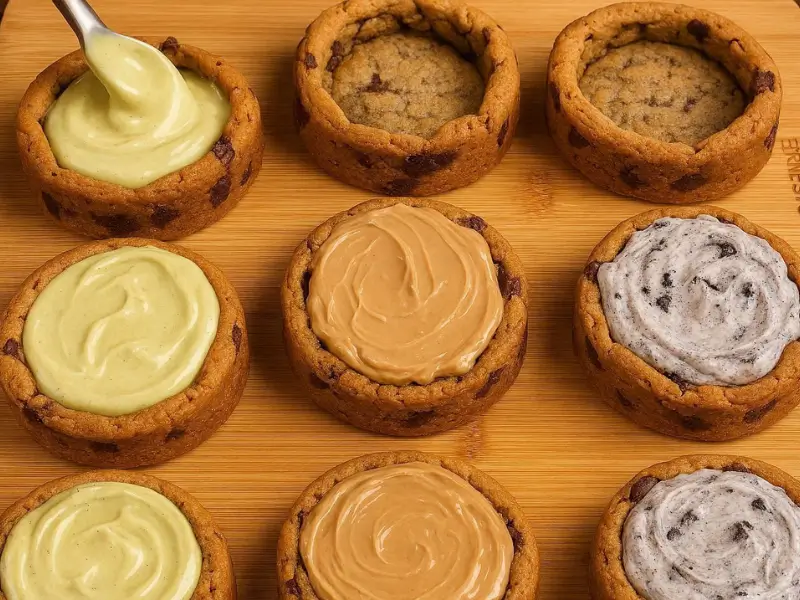 Filling stuffed chocolate chip cookies with cream cheese mixture