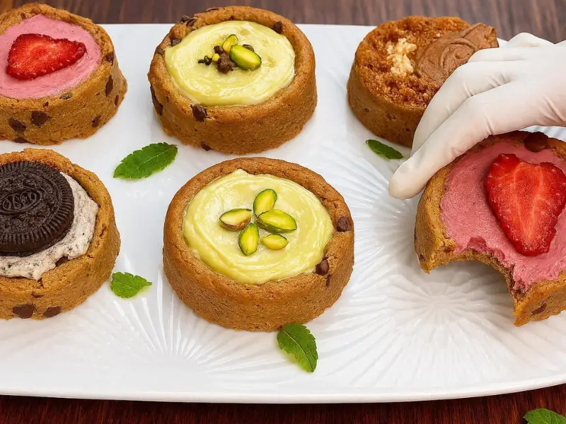 Decorated stuffed chocolate chip cookies with biscoff, pistachio, strawberry, and oreo