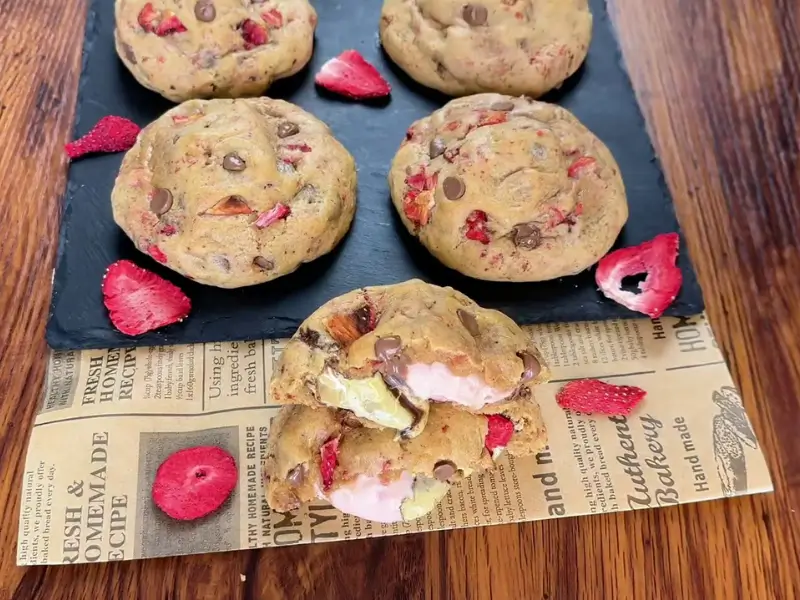 Close-up of Strawberry Cream Cheese Cookies showing gooey strawberry cream center