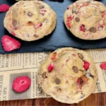 Strawberry Cream Cheese Cookies on baking tray golden edges