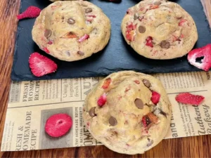 Strawberry Cream Cheese Cookies on baking tray golden edges