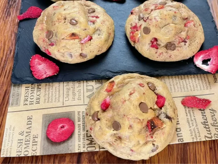 Strawberry Cream Cheese Cookies on baking tray golden edges