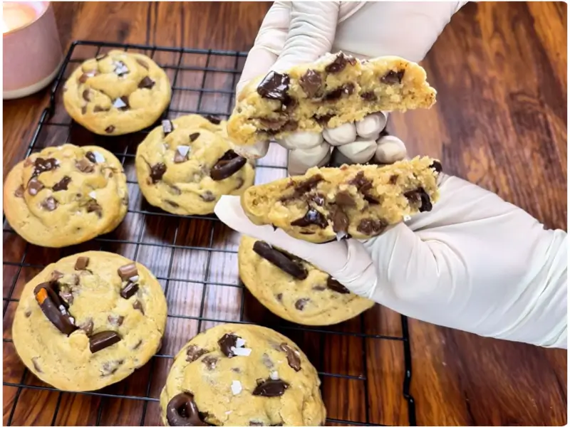 Homemade eggless chocolate chip cookies served fresh with a soft center and crispy edges
