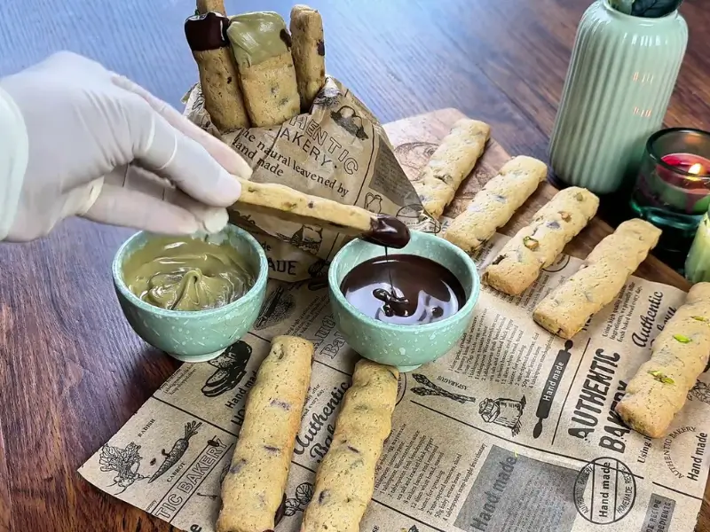 homemade cookie sticks golden and crispy with pistachios