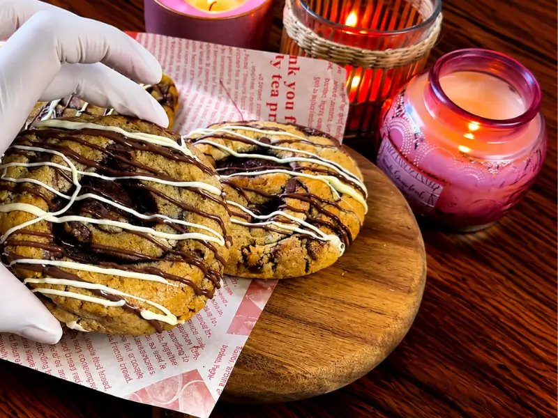 Homemade cinnamon cookies with chocolate drizzle on top
