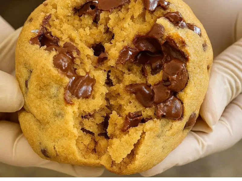 Freshly baked NYC chocolate chip cookie with crispy edges and gooey center