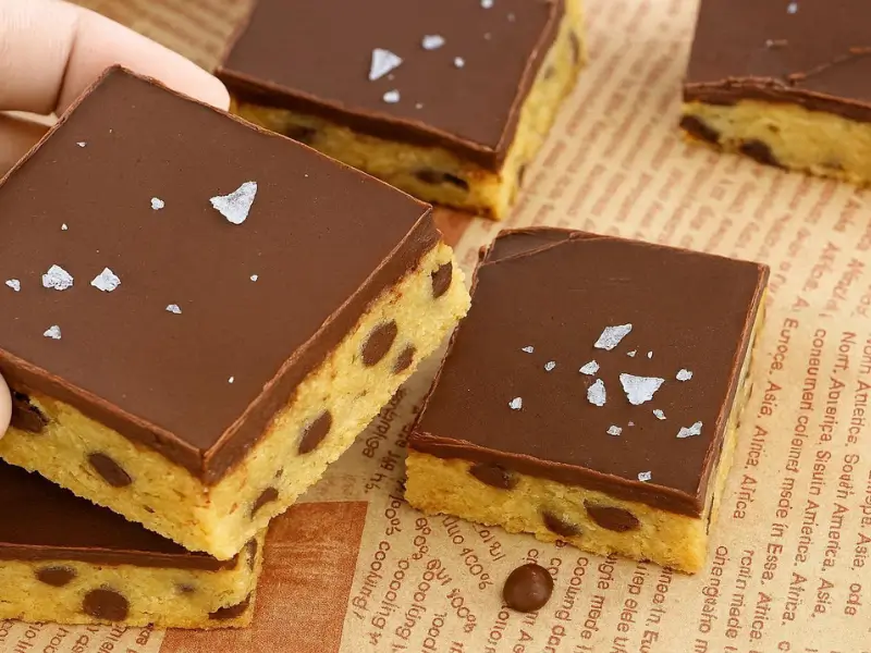 Gluten-free chocolate chip cookie bars on a plate