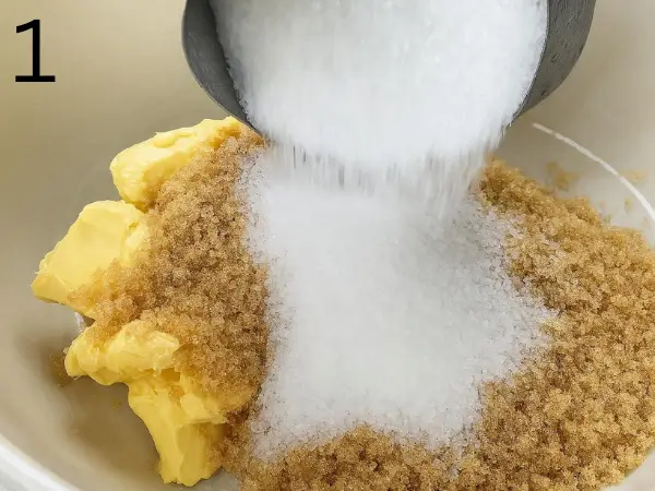 Mixing butter and sugars for stuffed cookie recipe dough
