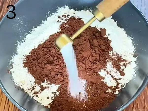 Mixing flour, cocoa powder, salt, baking powder, and baking soda in a bowl.