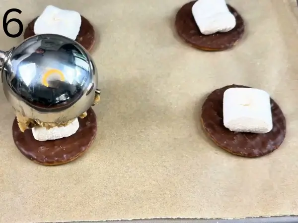 Chocolate digestive biscuits topped with marshmallows on a baking sheet