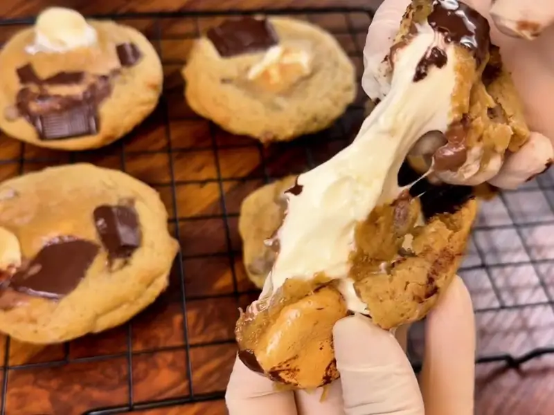 Banana Marshmallow Cookies stacked on a cooling rack