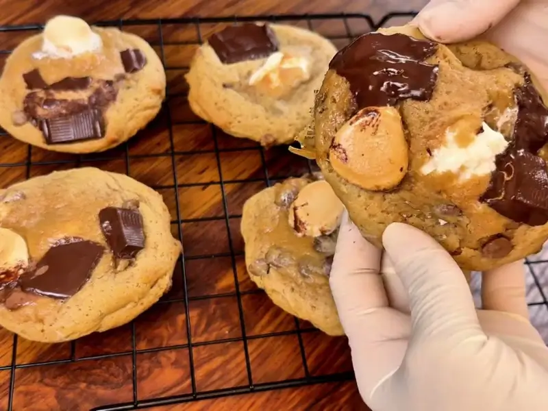 Soft Banana Marshmallow Cookies with melted chocolate and marshmallows.