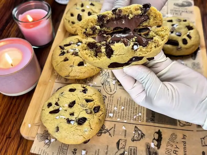 Freshly baked Nutella Chocolate Chip Cookies with gooey Nutella filling