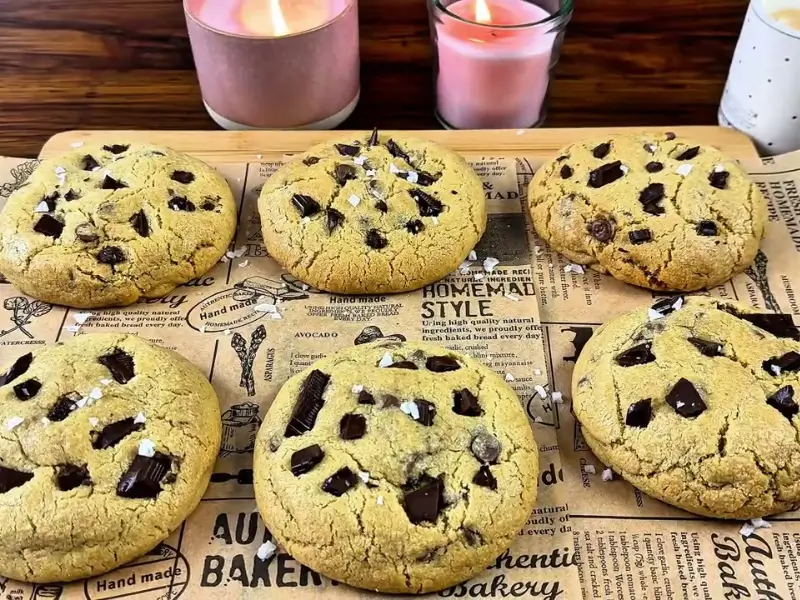 Golden brown Nutella Chocolate Chip Cookies with melted chocolate chips and a creamy Nutella filling, ready to enjoy.