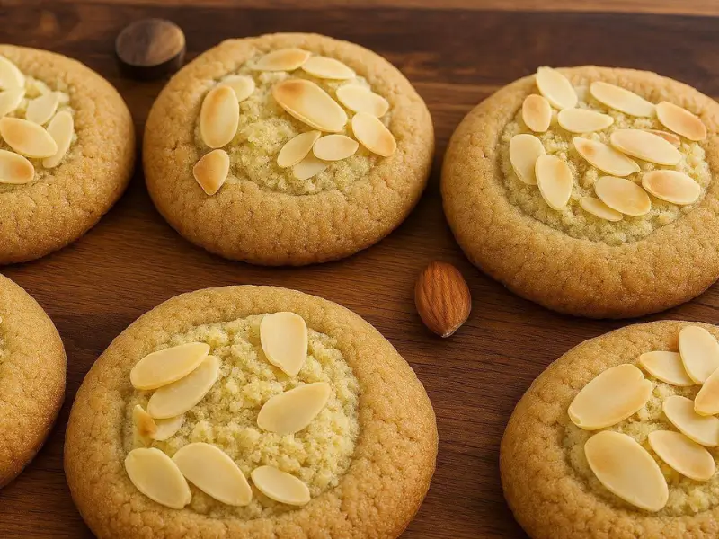 Golden Almond Croissant Cookies with a soft buttery texture, creamy almond filling, and sliced almonds, ready to enjoy.