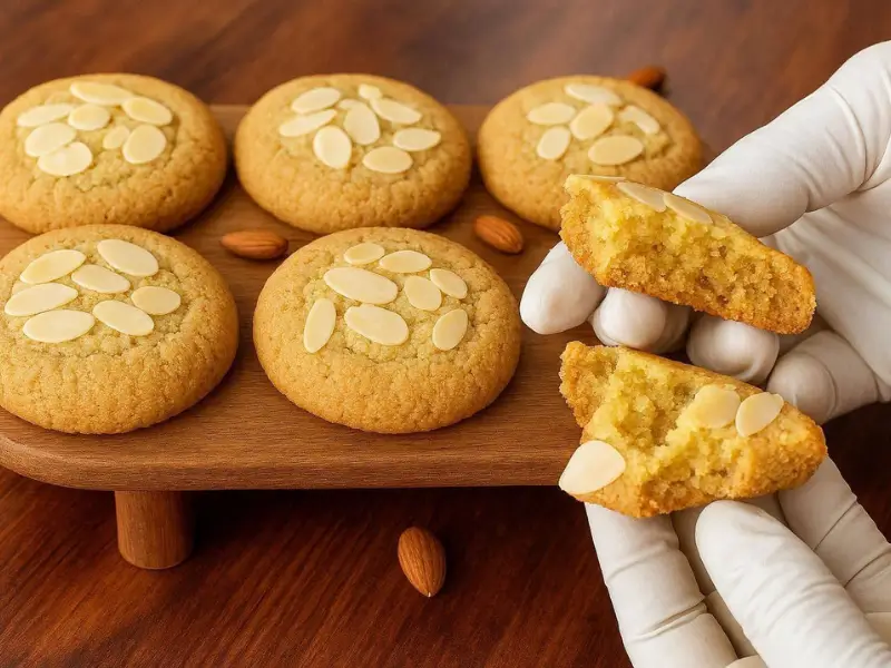 Freshly baked Almond Croissant Cookies with creamy almond filling and sliced almonds, served on a floral plate with a glass of milk.