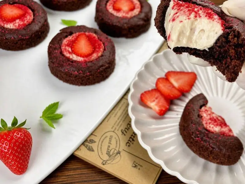 Soft chocolate Strawberry Tiramisu Cookies topped with fresh strawberries